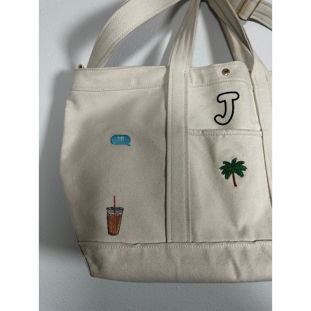 BaubleBar Large Canvas Icon Tote Bag "J" Monogram Beach Theme Patches‎ and Charm - Picture 5 of 6